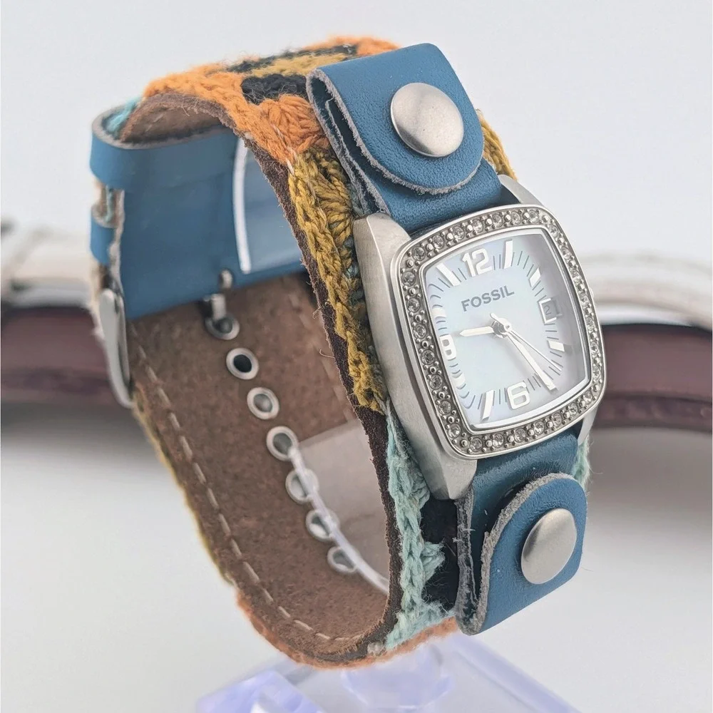 Fossil JR-8683 Women's MOP Watch Rhinestone Bezel Crochet Cuff 3 Straps Included